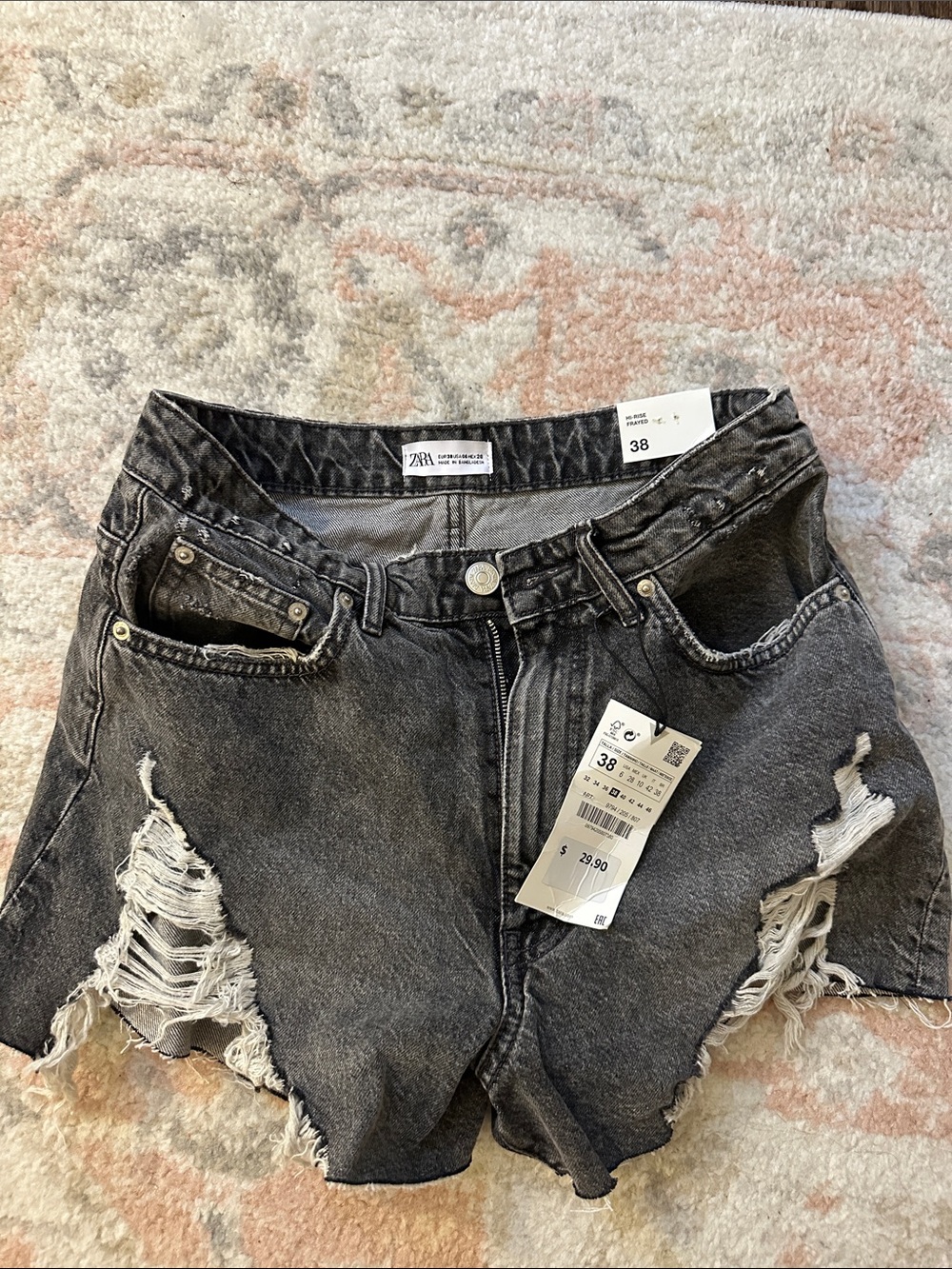 ZARA Black Distressed High-Waist Denim Shorts